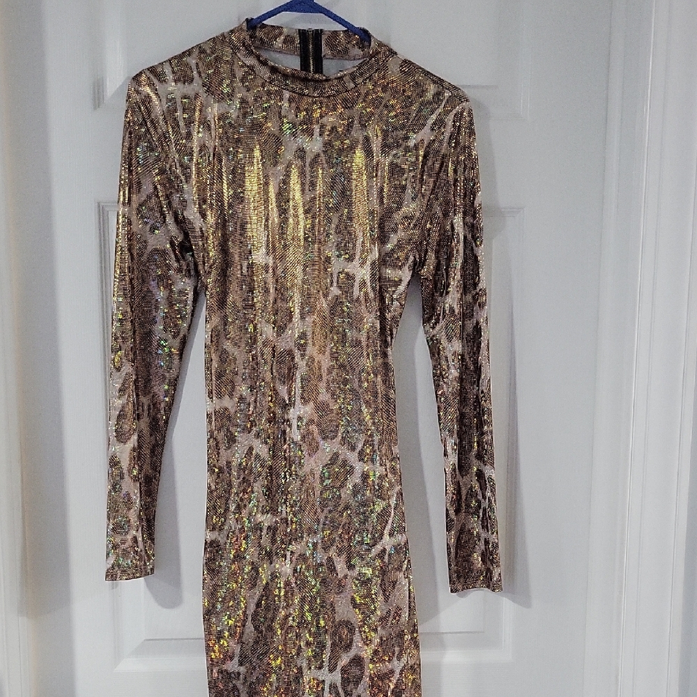 Gold and Brown Bodycon Long Sleeve Dress for Night Out